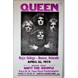 Queen - poster for the Regis College Denver concert, April 16th 1974, printed later on card