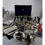 A quantity of silver plated wares including cruet sets, jugs, muffin dishes, part canteen of