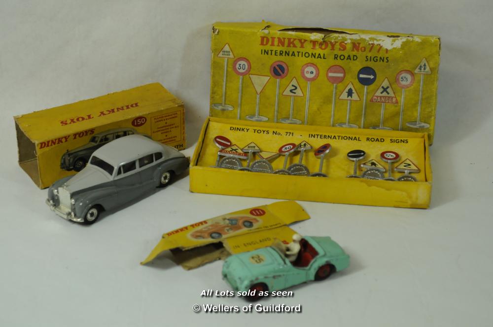 Dinky Toys No. 150 Rolls Royce Silver Wraith and No. 111 Triumph TR2 Sports, both with original