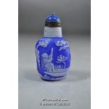 Chinese blue cameo glass snuff bottle of square form.