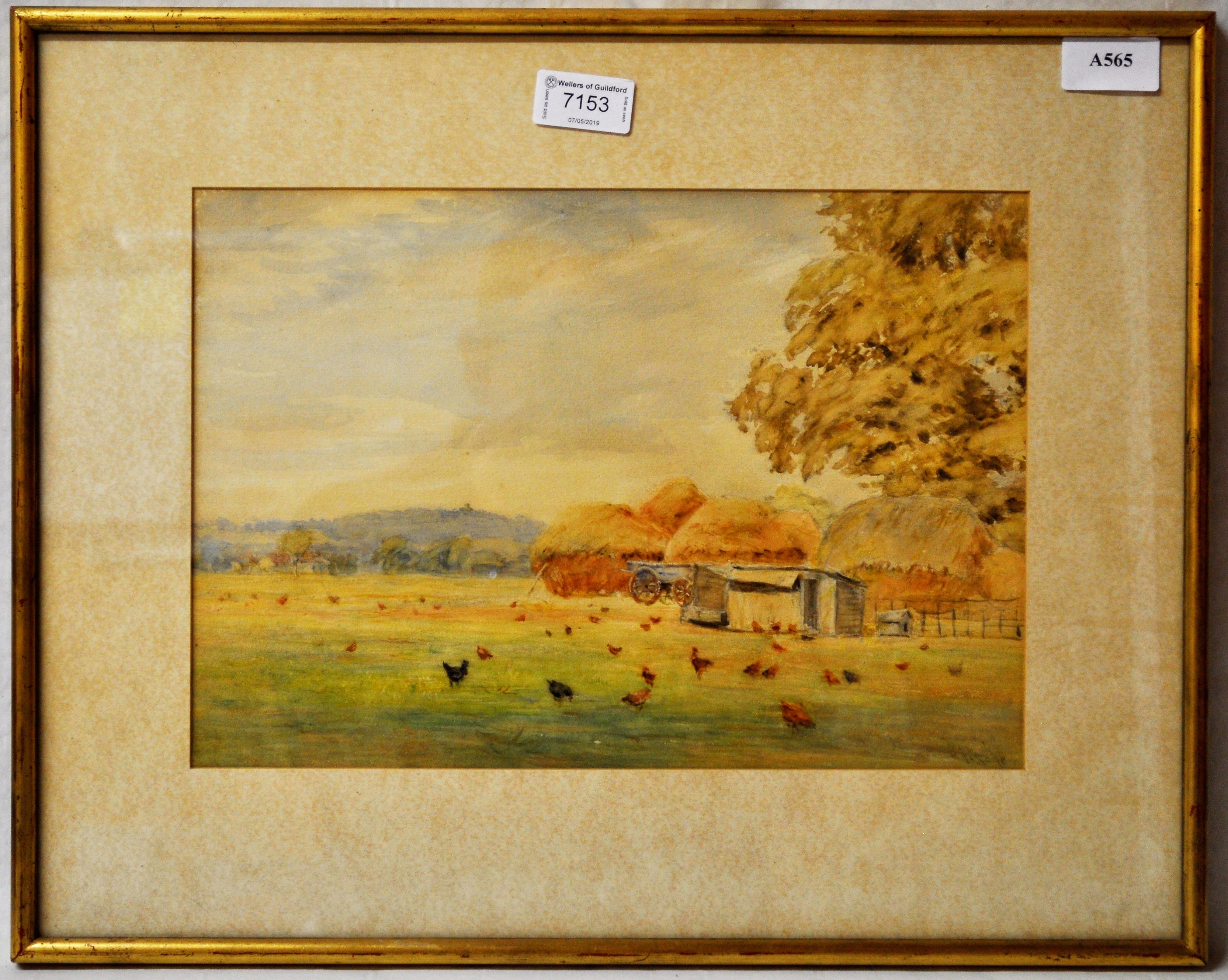 Henry James Sage^ watercolour^ distant view of St. Martha~s Church with haystacks with chickens in