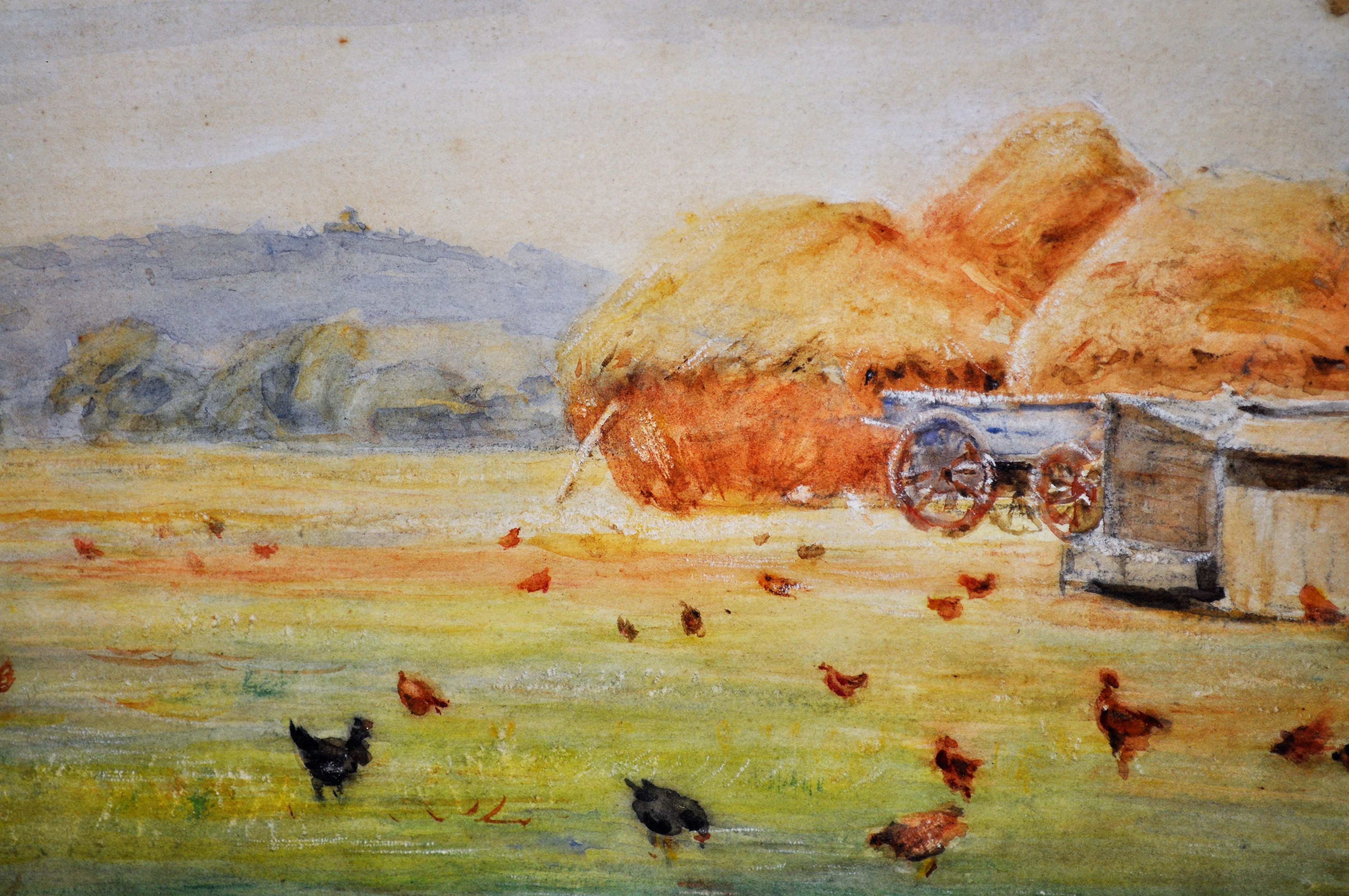 Henry James Sage^ watercolour^ distant view of St. Martha~s Church with haystacks with chickens in - Image 2 of 3