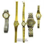 Five ladies' wristwatches, including a Raymond Weil gold plated watch on an expandable bracelet, and