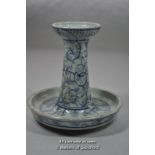 Chinese blue and white candle holder with integral drip tray, 15cm.