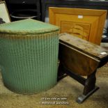 Small oak dropleaf occasional table, Lloyd Loom corner linen basket, parquetry firescreen (3)