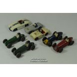 Dinky Toys racing cars: 23H Ferrari, 23G Cooper-Bristol, 233 Cooper-Bristol, 23F Alfa-Romeo, 110