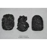 Three Chinese dark hardstone pendants carved with goddesses.