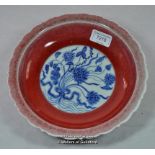 Chinese blue and white dish with plain red border, centre decorated with flowers, six character