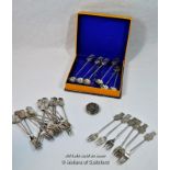 Small sterling silver pill box; a quantity of 800 standard white metal cake forks and small spoons.
