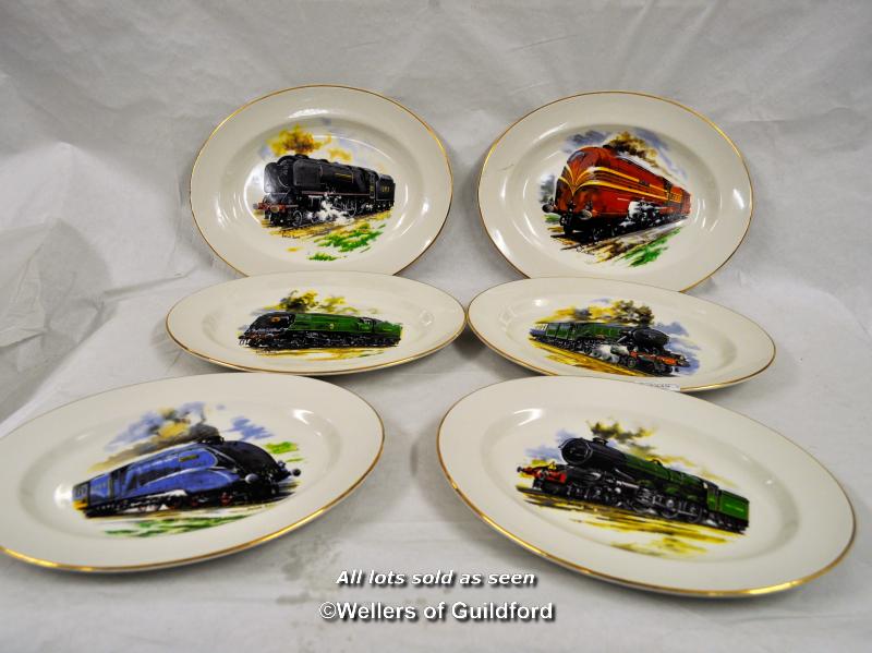 Six Liverpool Rd Pottery oval plates decorated with steam traines