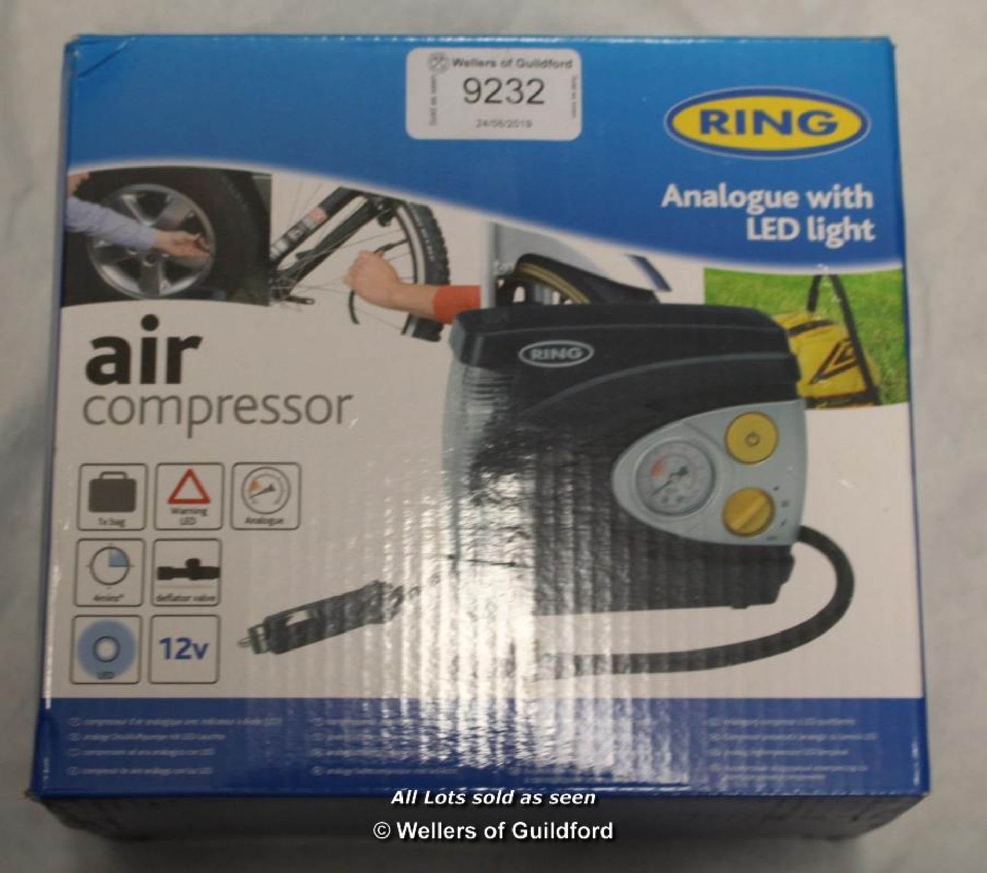 *RING RAC620 12V ANALOGUE TYRE INFLATOR, AIR COMPRESSOR TYRE PUMP, LED LIGHT [2563]