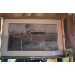 GILT FRAMED AND GLAZED PICTURE DEPICTING A FARMING SCENE, 600MM X 390MM