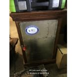 SMALL MAHOGANY UPCYCLED CUPBOARD WITH STEEL DOOR. H620MM D470MM W400MM.