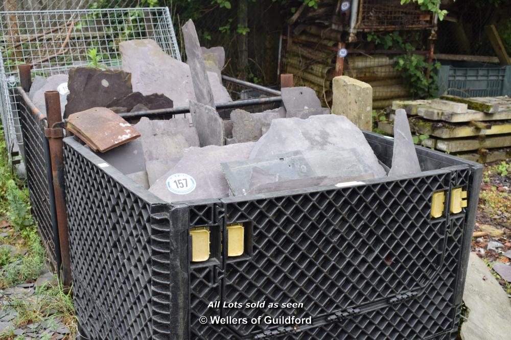 PLASTIC STILLAGE CONTAINING SLATE SALVAGED FROM A ROOF IN PENRHYN