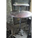 TWO TIER MODERN PUB TABLE WITH MAHOGANY VENEER TOPS AND A CAST IRON BASE