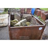 ONE METAL STILLAGE AND TWO METAL OIL DRUMS CONTAINING SMALL AND LARGE COBBLE SETTS