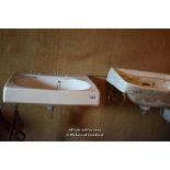 TWO MIXED PORCELAIN SINKS ON SINK BRACKETS