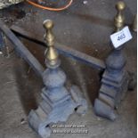 PAIR OF CAST IRON FIRE DOGS WITH BRASS FINIALS