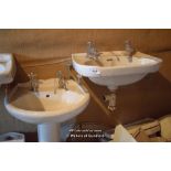 TWO MIXED PORCELAIN SINKS, ONE ON PEDESTAL, ONE ON SINK BRACKETS, BOTH COMPLETE WITH TAPS