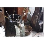 DECORATIVE METAL BUCKET CONTAINING A LARGE QUANTITY OF MAINLY BRASS FIRE COMPANION TOOLS