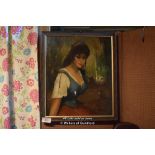 CIRCA 60'S KITCH STYLE FRAMED OIL ON BOARD DEPICTING A PORTRAIT OF A LADY, 565MM X 660MM