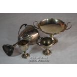 A silver twin handled pedestal dish, London 1913; three silver cups, a/f, 455g