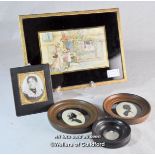 A Victorian portrait photograph in ebonised frame; two inked silhouettes in small circular frames; a