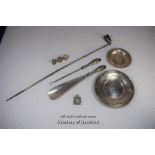 Two silver thimbles and a plated example; miniature silver strut photo frame with crown surmount,