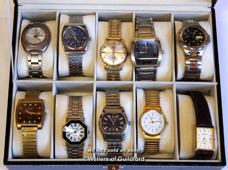 Selection of ten gentlemen's wristwatches, including Avia, Accurist, Sekonda, in display box