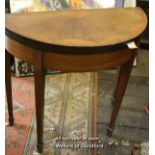 An Edwardian demi-lune mahogany card table with geometric satinwood inlay, 82 x 40cm.