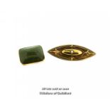 15ct mourning brooch set with a seed pearl to the centre, and a green stone set brooch, mounted in