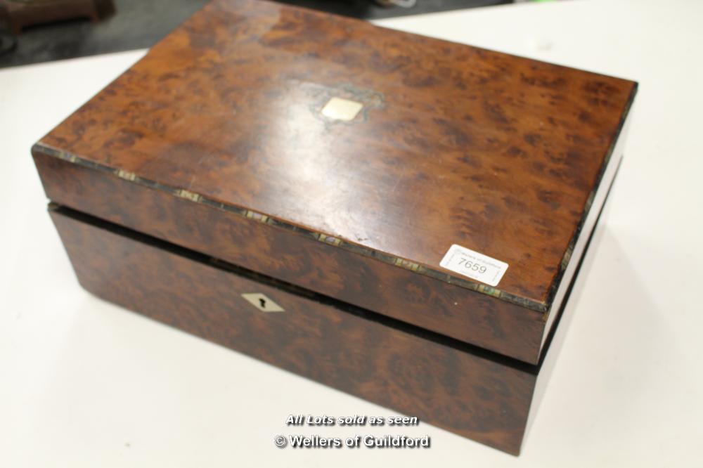 *ANTIQUE BURR WALNUT & INLAID BRASS & MOTHER OF PEARL WRITING SLOPE RESTORATION [LQD79](LOT