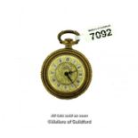Ladies' gold plated Arcadia pocket watch, with floral face and back, and Roman numerals on white