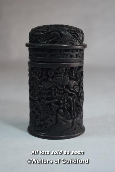 A Chinese carved cylindrical pot and cover with all over carved decoration. - Image 2 of 3