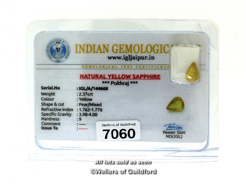 Loose yellow sapphire gemstone, 2.37cts pear shaped yellow sapphire, with Indian Gemological Lab