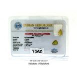 Loose yellow sapphire gemstone, 2.37cts pear shaped yellow sapphire, with Indian Gemological Lab