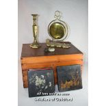 Bric-a-brac comprising brass gong with beater, two square Victorian papier mache boxes, brass