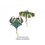 *Two enamel plique a jour brooch/pendants, lady butterfly designs, vwith pearl drops, one set with