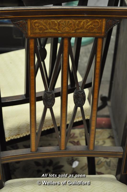 An Edwardian inlaid mahogany salon suite comprising canape, 116cm wide, two carvers and four - Image 4 of 4