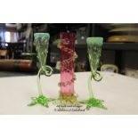 *2 ANTIQUE URANIUM GLASS THORN CANDLESTICKS & CRANBERRY & GREEN VASE [LQD79](LOT SUBJECT TO VAT)