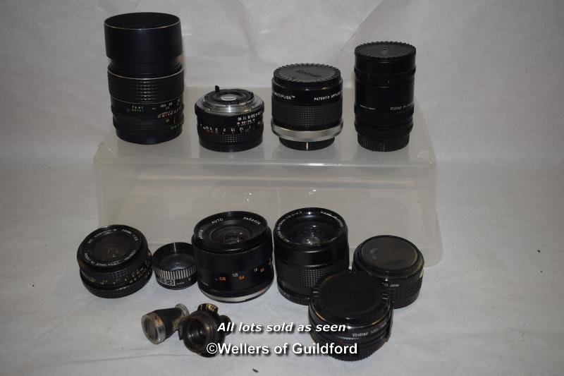 11 x mixed small camera lenses including Paragon 28mm, Super Carenar 135mm, Pax telephoto lense,