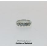 Five stone diamond ring, round brilliant cut diamonds mounted in white metal, stamped as 14ct,