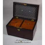 A mahogany two division tea caddy with brass handle and key, 20cm wide.