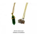 Banded agate rabbit pendant on a gold coloured chain, and a green stone pendant on a gold coloured