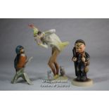 A small German porcelain figure of the Pied Piper; Hummel kingfisher; Goebal figure (3).