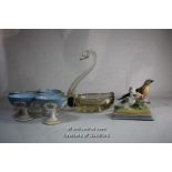 A glass centrepiece modelled as a swan; porcelain cuckoo ornament; Victorian ornament of two