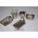 A small silver hip flask, Birmingham 1924; small pierced silver basket, Birmingham 1920; Victorian
