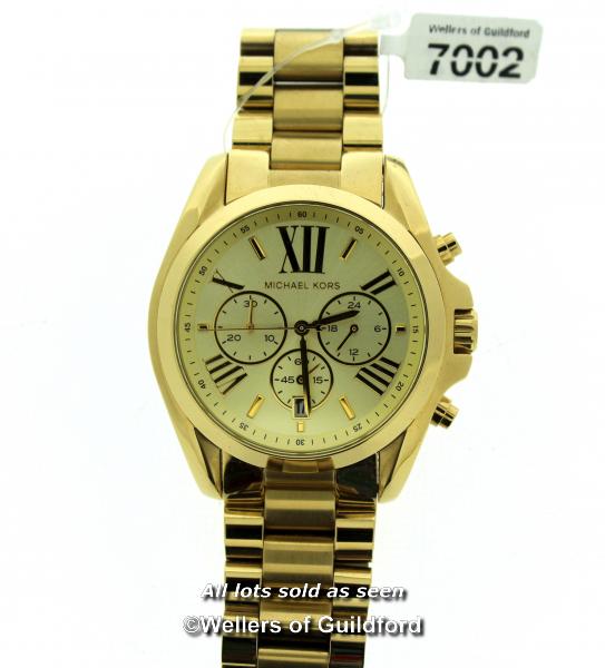 Michael Kors wristwatch, circular gold coloured dial with Roman numerals, date aperture and three