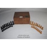 A Staunton pattern boxwood chess set in oak box, height of king 7cm.