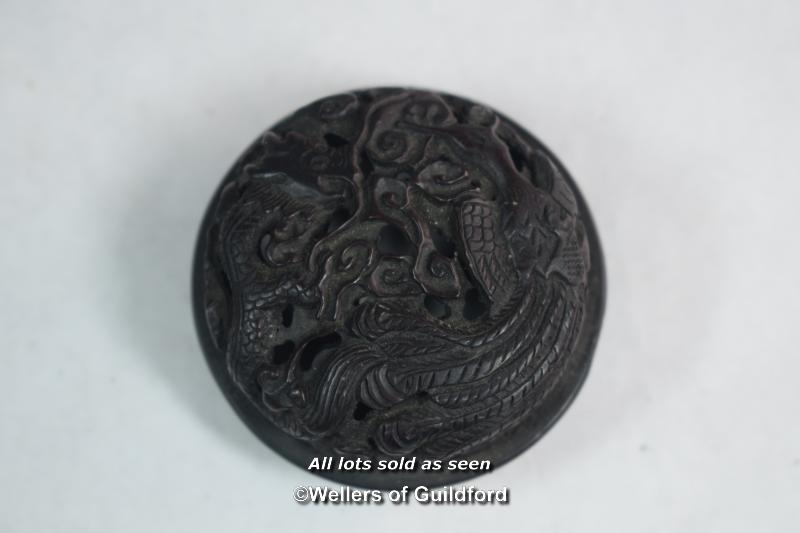 A Chinese carved cylindrical pot and cover with all over carved decoration. - Image 3 of 3